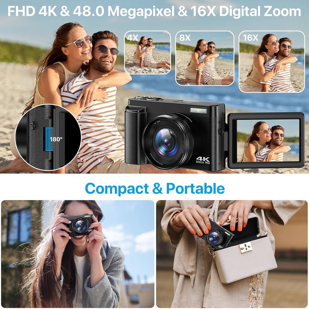 Digitai Camera 4K 48MP Compact Digital Camera for Photography, Vlogging Camera with Free 64GB SD Card, 18X Digital Zoom, Dual Lens Selfie Function Black Digitai Camera 4K 48MP Compact Digital Camera for Photography, Vlogging Camera with Free 64GB SD Card, 18X Digital Zoom, Dual Lens Selfie Function Black