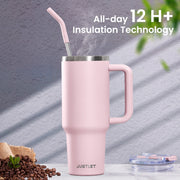 JUSTLET 40 oz Vacuum Insulated Stainless Steel Travel Mug with Handle and Straw - Cupholder Friendly, Easy to Clean (Pink)