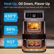Transonic 11QT Air Fryer, Dual Vertical Basket Design with Deep Top and Long Bottom Baskets, 430F High-Heat Broil, 360 Rapid Circulation, 6-in-1 Preset Function, Family Size, Black, ODA1100