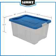 HART 68 Quart Latching Plastic Storage Bin Container Clear Base Blue Lid Set of 4 206262