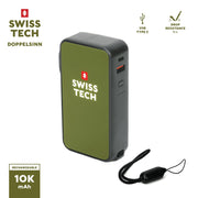 Swiss Tech Power Bank, 10000 mAh, 20W Fast Charge, USB-A USB-C AC Plug, Built-In Lanyard Charging Cord, Gray, D33660
