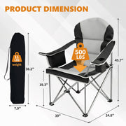 Edx Heavy Duty Camping Chair, 500 lb Capacity, Oversized Extra Wide, Padded High Back with Adjustable Lumbar Support, Folding Steel Frame, Portable Outdoor Chair with Cup Holder, Black Gray