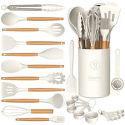Oannao Silicone Kitchen Utensil Set, 13-Piece, Heat Resistant to 446F, BPA-Free, Wooden Handles, Cream White, with Holder