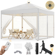 Vecukty 10'x10' Pop-Up Canopy Tent with Detachable Mesh Sidewalls, Remote-Controlled 8-Color LED Lights, Solar USB-C Dual Charging, Waterproof UV-Resistant White