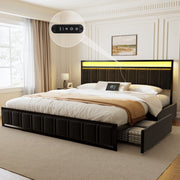 GUNAITO King Bed Frame with Headboard, Velvet Upholstered, 2 Storage Drawers, RGB LED Lighting, Charging Station, Black