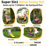 Fashionsport Outfitters Metal Swing Set, 5-in-1 Outdoor Playground with Double Wall Slide, Flying Saucer, Teeter-Totter, Two Person Swings, Trapeze Bar, Yellow