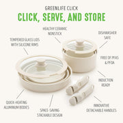 GreenLife 10-Piece Nonstick Cookware Set, Detachable Handles, Stackable, Diamond-Infused Ceramic Coating, Induction Compatible, Oven Safe, Speckled Cream