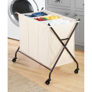 Whitmor 5588-11054 3-Section Rolling Laundry Sorter, Collapsible, Black and Natural