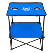 Rio Beach Folding Outdoor Table, 22in Square Blue Fabric Top with Integrated Cupholders and Storage Shelf, Lightweight Steel Frame, FTS22-46-1