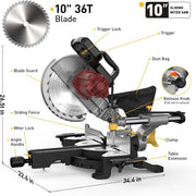 MarvTool 10-Inch Sliding Compound Miter Saw, Single Bevel, 0-45 Miter and Bevel, 36T Blade, Extension Table, 15-Amp Motor, 4800 RPM, Portable, XJ-1013