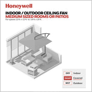 Honeywell Blufton 52 Inch Traditional Black Indoor Outdoor Ceiling Fan with Reversible Blades, Frosted Glass Light Kit, Three-Speed Motor, 4-Inch Downrod