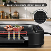 Cusimax Portable Smokeless Indoor Electric Grill, 1500W Korean BBQ Grill with LED Touch Display, Tempered Glass Lid, Nonstick Removable Plates, Black, CMRG-200-SHUANGPAN
