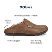 OluKai Moloa Men's Nubuck Leather Slippers with Genuine Shearling Lining, Drop-In Heel, Toffee/Dark Wood, Size 10, 10252-290