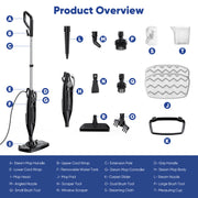 Sugarday Steam Mop, Corded Electric with 11.16 fl oz Water Tank, 15 ft Cord, 7-in-1 Accessories, Black