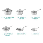 The Pioneer Woman 14-Piece Stainless Steel Cookware Set, Induction Compatible, Glass Lids, Acacia Wood Utensils, Dishwasher Safe