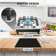 VBGK 2 Burner Gas Cooktop, Dual Fuel Propane and Natural Gas, 12-Inch Stainless Steel with Thermocouple Safety, Cast Iron Grates, Auto Electric Ignition