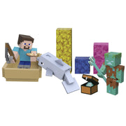 Mattel Minecraft Treasure Hunt Adventure Pack, 3.25-in Action Figures Steve, Dolphin, Drowned with Accessories GYX23