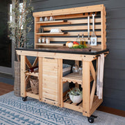 Backyard Discovery 48in Cedar Wood Buffet Hutch Serving Station with Powder-Coated Galvanized Steel Countertop, Wine Rack, Modular Shelves, Towel Bar, Heavy-Duty Casters, 2304116