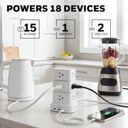 Honeywell Power Tower Charging Station, 15 AC Outlets, 3 USB Ports with 20W USB-C Power Delivery, 900 Joules Surge Protector, 4ft Extension Cord, White