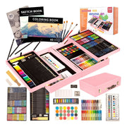 KINSPORY Deluxe Wooden Art Set, 168-Piece Comprehensive Drawing and Painting Kit, Pink, Includes Colored Pencils, Crayons, Markers, Paints, Brushes, Coloring Book, Sketch Pad
