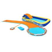Banzai Aqua Drench 3-in-1 Splash Park with Curved Water Slide, Inflatable Pool, Built-in Sprinkler, Inflatable Bodyboard, Blue and Orange, 15 ft