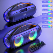 JYX Bluetooth Speaker D16-T, Waterproof Portable Boombox, Dual 20W Subwoofers, Bluetooth 5.3, Wireless Microphones, RGB DJ Lights, Remote Control, Black
