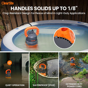 Cleartide Utility Pump, 8160 LPH Submersible Water Pump, 100% Copper Motor, Handles 1/8 Inch Solids, Dual Discharge Ports, 10 Ft Cord, Orange