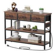 Valu4me Console Table with Power Outlets and USB Ports, Rustic Brown, 43.3 in, Narrow Sofa Table with 3 Fabric Drawers and 2 Open Shelves