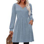 SHINE UP Womens Dress, V Neck, Long Puff Sleeves, Knee Length, Loose Fit with Pockets, XL, Blue