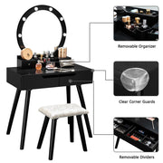 Ktaxon Vanity Set with Round LED Lighted Mirror, Cushioned Stool, Black