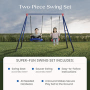 Delta Children FunZone Outdoor Metal 2-Piece Swing Set, Adjustable Height Swing and Disc Saucer, Blue/Red