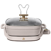Beautiful 5 in 1 Electric Skillet, Expandable to 7 Qt, Porcini Taupe, EverGood Ceramic Nonstick, 1500W, Glass Lid