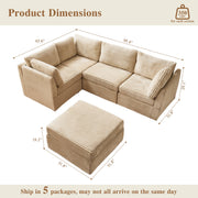 Ovios Modular Sectional Sofa Couch, 95 Inch L-Shaped 5-Seater with Ottoman, Beige Plush Corduroy, Deep Seat Cushions, Solid Wood Frame, YOYO240-3-1-1