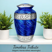 Americurn Eternal Blue Cremation Urn Set, Large Adult Urn with 4 Keepsake Urns and Memorial Necklace, Handmade Sand-Cast Design, Secure Screw-Top Lid, Deep Blue with Silver Accents, BLUE_5PA-NU