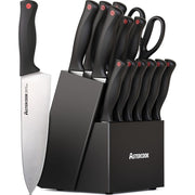 Astercook K15016P Knife Set, 15 Pieces Kitchen knives Set with Built-in Sharpener, High Carbon German Stainless Steel Chef Knife Block Sets, Sharp & Rust Resistant Dishwasher Safe, Black