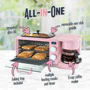 Nostalgia 3-in-1 Retro Breakfast Station, 5-Cup Coffee Maker, Ceramic Non-Stick Griddle, 4-Slice Toaster Oven, Built-In Timer, Pink
