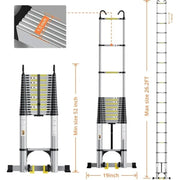 EvaStar Home TH004 26.2FT Telescoping Aluminum Extension Ladder with Triangle Stabilizer Bar and Wheels Silver