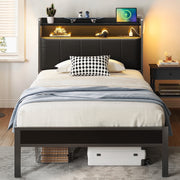 Casacomoda Twin Bed Frame with Upholstered Storage Headboard, RGB LED Lights, Charging Station, Heavy-Duty Metal Frame, Black