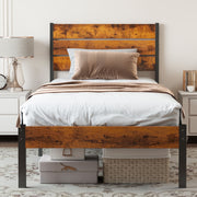 Edx Twin Size Metal Bed Frame with Industrial Wooden Headboard, Rustic Brown, 12.8-Inch Under-Bed Storage, Noise-Free Design, Sturdy Steel Slat Support