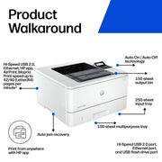 HP LaserJet Pro 4001n Black-and-White Laser Printer, 42 ppm, USB and Ethernet Connectivity, Advanced Security, White