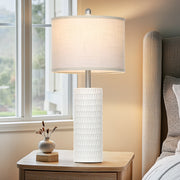 Cinkeda Table Lamps Set of 2, 27 in Tall, White Ceramic Base with Geometric Pattern, Soft White Linen Shades, Energy-Efficient LED Bulbs Included