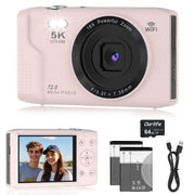 Ourlife 5K Digital Camera for Vlogging, 72MP Sensor, Autofocus, 16X Digital Zoom, Built-In Flash, Pink, 64GB Card, 2 Batteries
