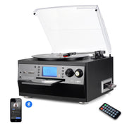 Caymuller M503-FX 9-in-1 Retro Turntable w/Built-In Speakers, Bluetooth, AM/FM Radio, CD & Cassette Player, Black