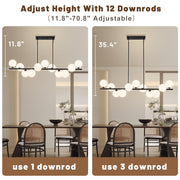 Uznhty 11-Lights Linear Chandelier with Frosted White Glass Globes, Black Metal Frame, Adjustable Height, 51 Inch