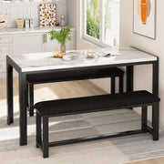 LTTROMAT Dining Table Set for 4, Faux Marble Kitchen Table Set with 2 PU Leather Benches, White - Space-Saving Design