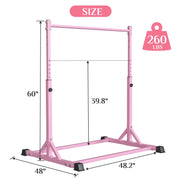 Primy Gymnastics Bar for Kids, Adjustable Height 39-61in, Steel Frame with Fiberglass Rail, Stable Triangle Base, Supports 230 lbs, Pink