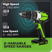 Greenworks 24V Cordless Brushless 1/2-Inch Hammer Drill Kit, 2Ah Battery and Charger, Green
