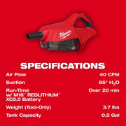 Milwaukee M18 Brushless Handheld Vacuum, 40 CFM, 63 in Suction, HEPA Filter, LED Lighting, Black, 0892-20