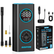 AVAPOW T09 Portable Tire Inflator and Air Compressor, 150 PSI, Cordless Dual Power, Digital Pressure Gauge with Auto Shut-Off, LED Emergency Light, Black