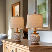 Oneach Vintage Table Lamps Set of 2, Brown Resin Base with Floral Carving, Beige Linen Drum Shade, 18.75 in, Farmhouse Style, Rotary Switch, AMZ-T1094RS